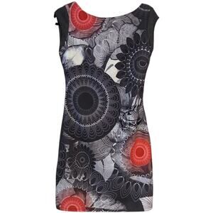 Desigual Sheath Dress Gray & Red Mandala Print sz Medium Cap Sleeves Scoop Back